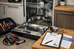 Technician inspecting a dishwasher pump and control board inside a modern kitchen during a repair service visit