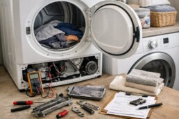 Technician inspecting a modern dryer in a clean, well-lit laundry room during a maintenance check