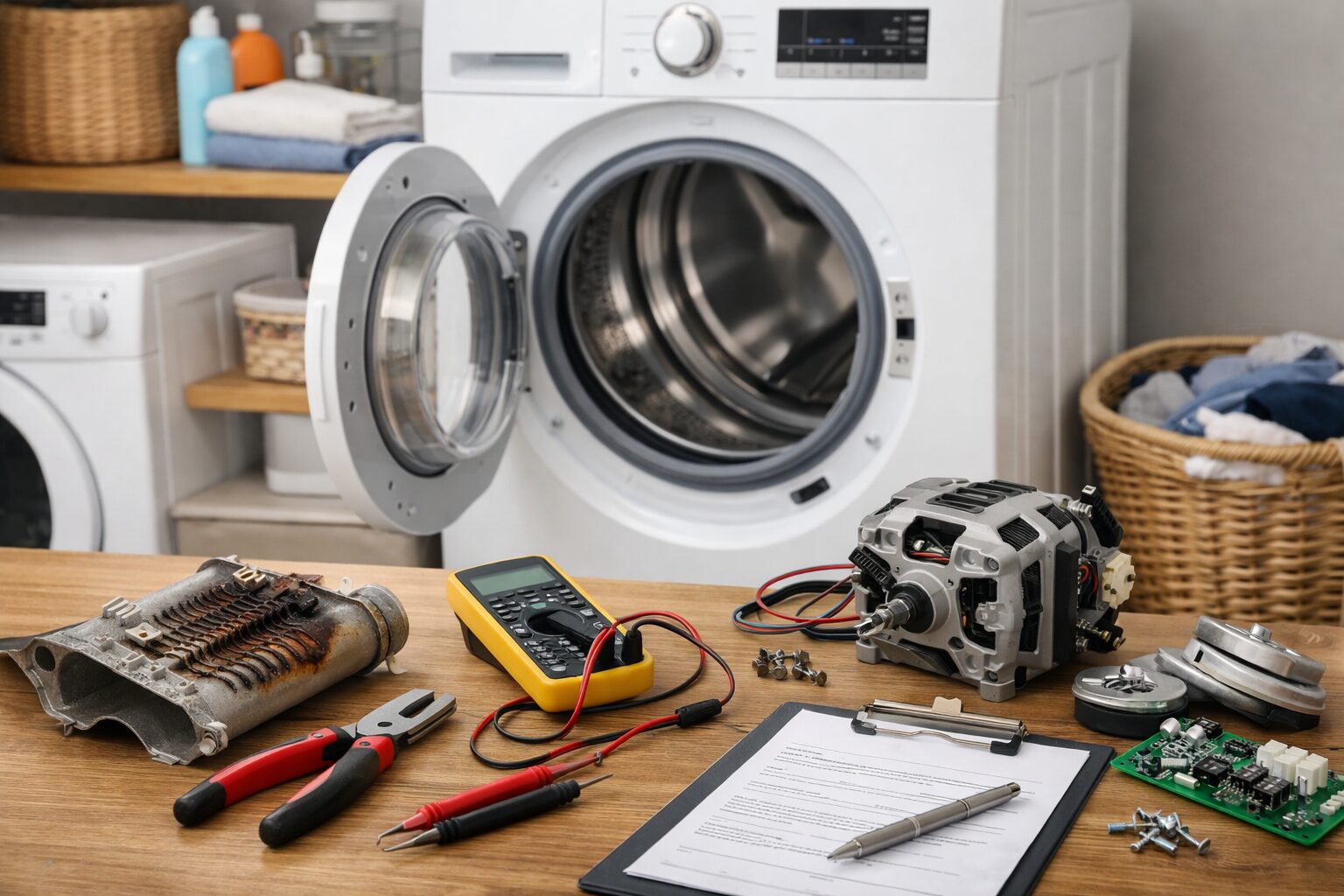Technician inspecting a modern dryer in a clean laundry room with repair tools nearby and natural lighting