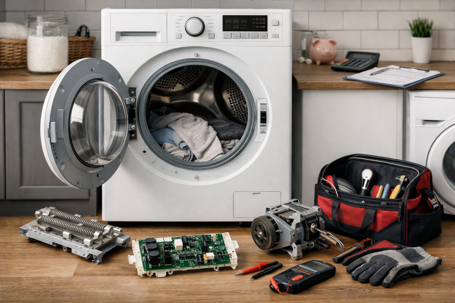 modern laundry room with a dryer open for repair showing internal components and tools nearby on a workbench