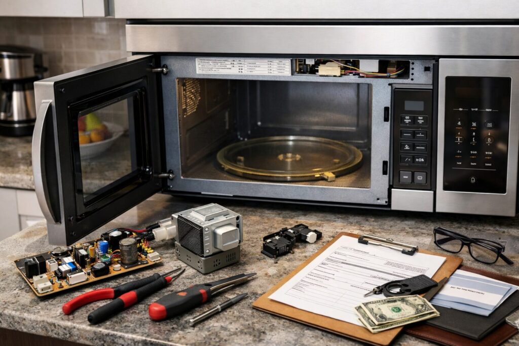 Technician inspecting microwave oven control panel in modern kitchen setting with repair tools nearby