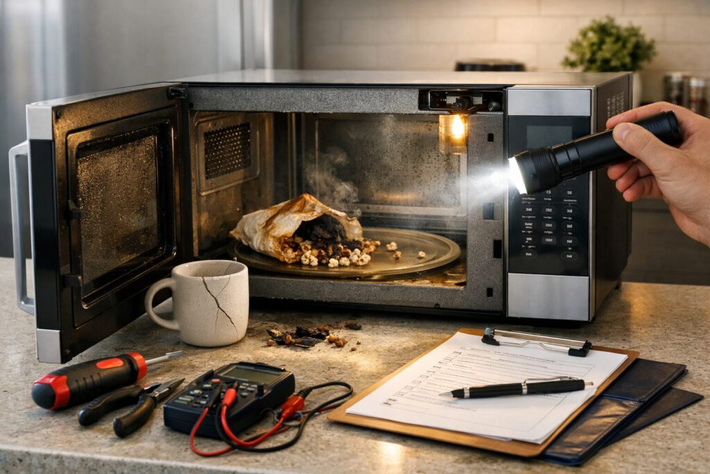 Technician inspecting microwave oven inside modern kitchen with repair tools on countertop nearby