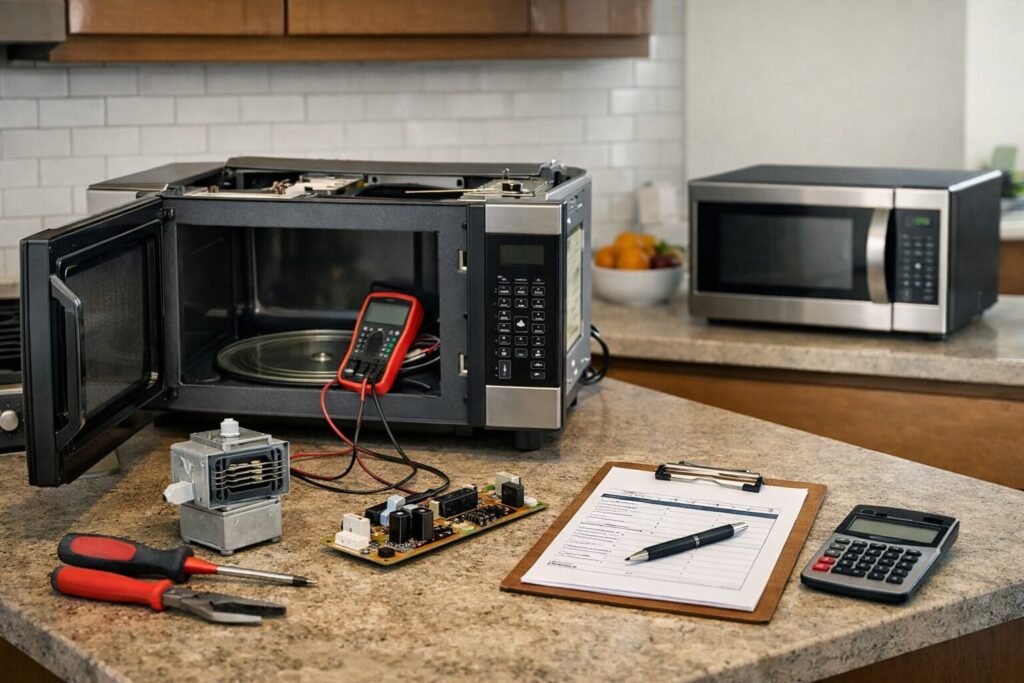 Technician inspecting a built-in microwave in a modern kitchen, evaluating repair options with tools nearby