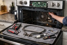 technician inspecting oven heating element in modern kitchen during repair and maintenance service session