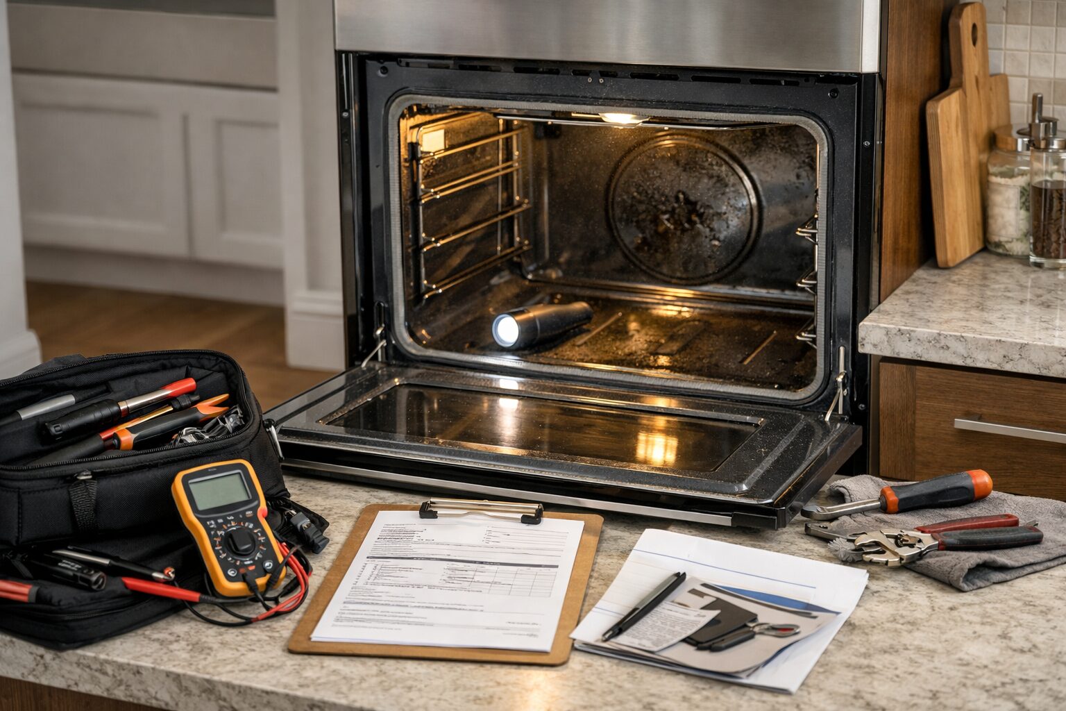 Modern kitchen with a homeowner inspecting an oven’s interior and repair tools nearby indicating appliance maintenance and