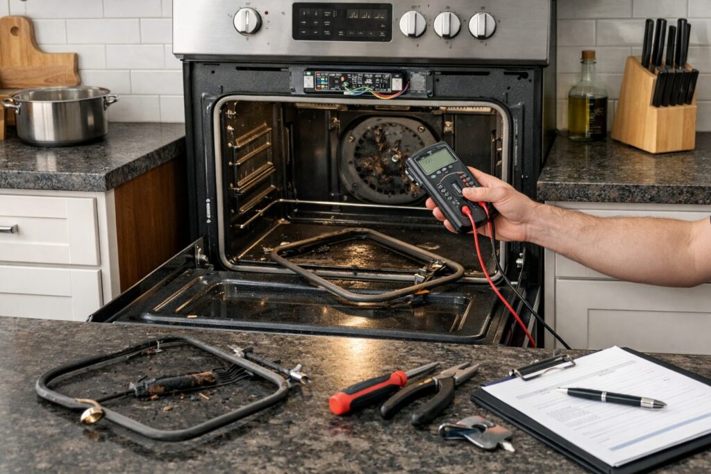 modern kitchen with a built-in oven open showing heating element and repair tools on countertop nearby