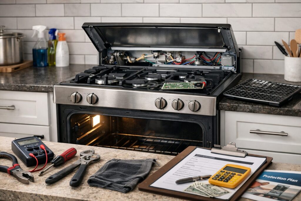Modern kitchen range with visible wear and repair tools nearby suggesting maintenance and cost considerations