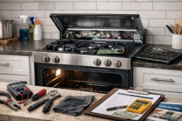 Modern kitchen range with visible wear and repair tools nearby suggesting maintenance and cost considerations