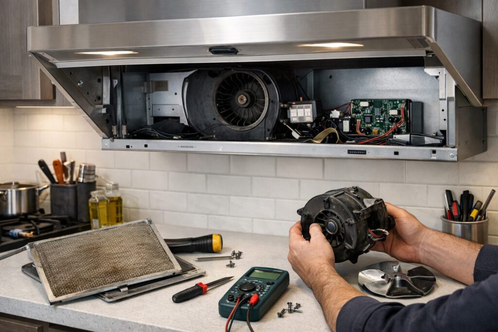 modern kitchen range hood with visible fan and filter components during routine maintenance and cleaning process