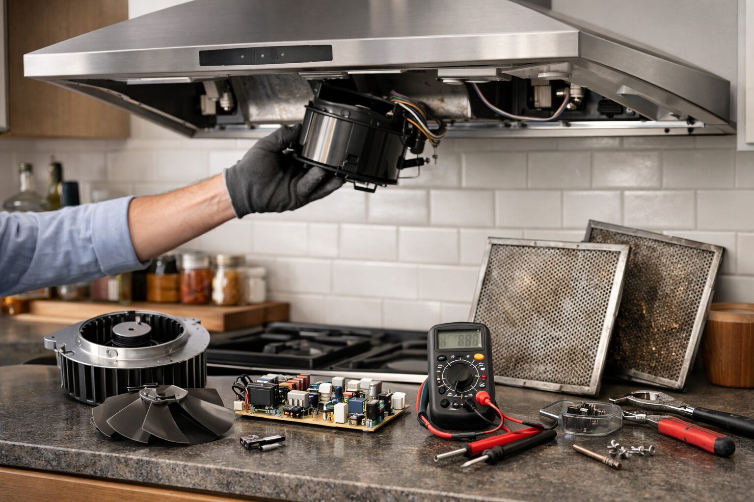 modern kitchen range hood with visible fan and control panel in clean, well-lit environment suggesting maintenance and