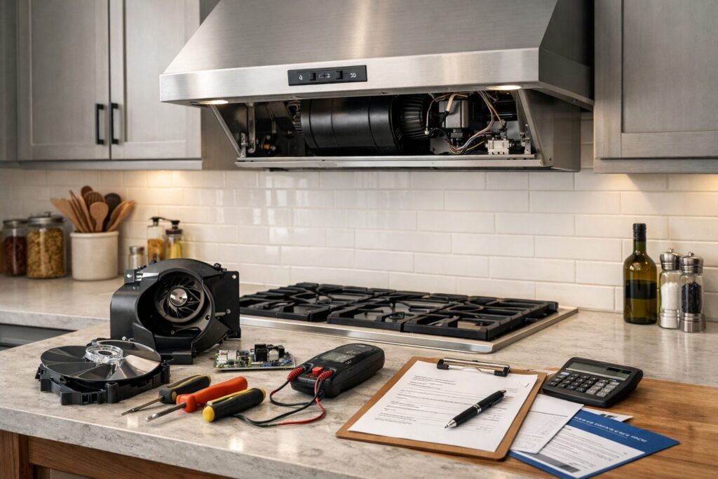 Modern kitchen range hood with visible control panel and tools nearby indicating repair or maintenance in progress