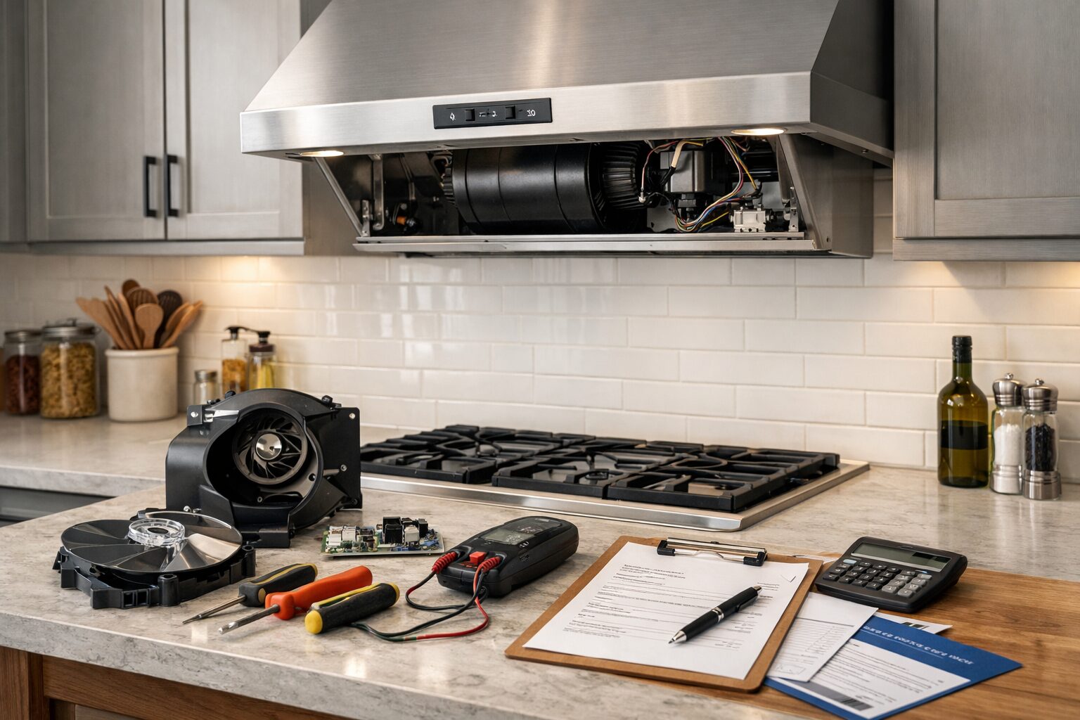 Modern kitchen range hood with visible control panel and tools nearby indicating repair or maintenance in progress