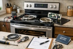 modern kitchen with a homeowner inspecting a stainless steel range and repair tools on the countertop nearby
