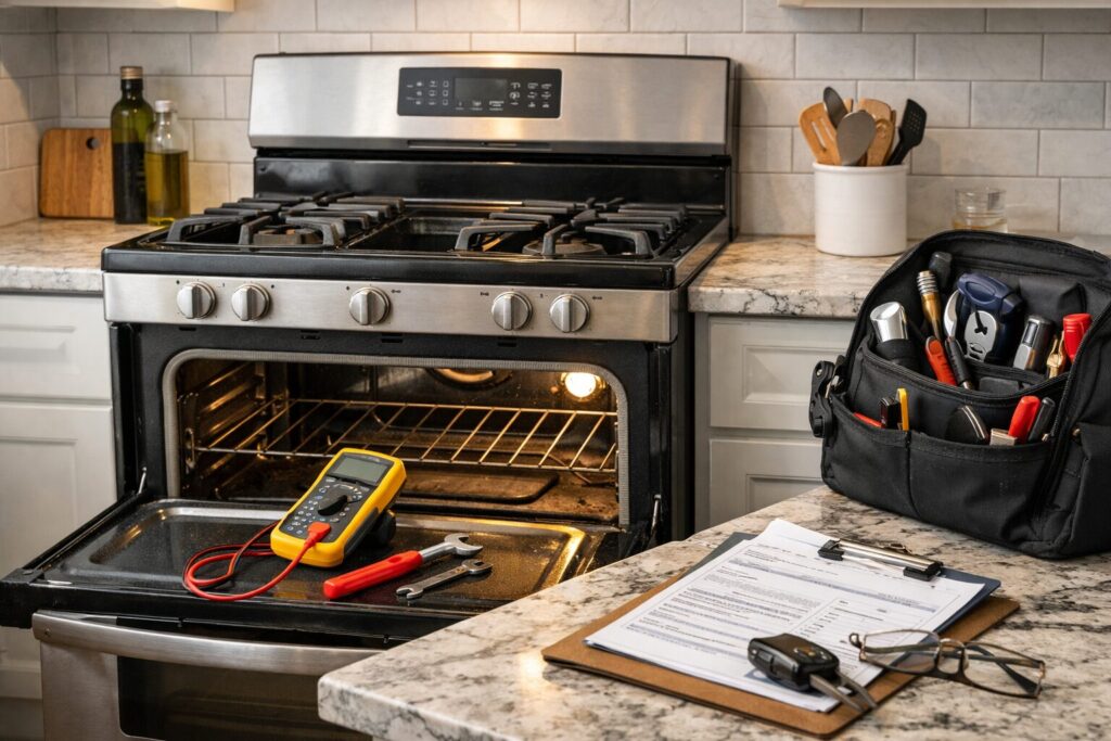 Modern kitchen range with visible wear being inspected by repair tools on countertop in a bright home setting
