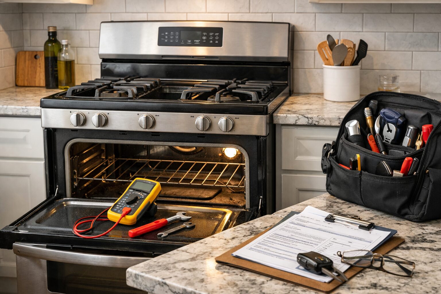 Modern kitchen range with visible wear being inspected by repair tools on countertop in a bright home setting