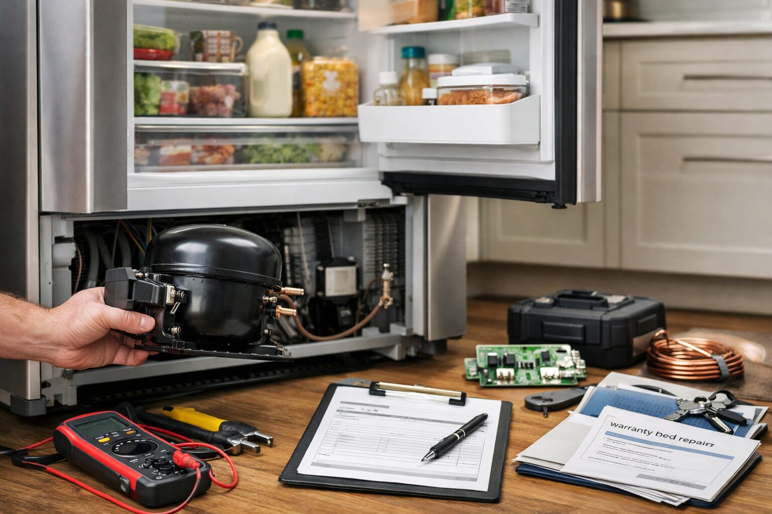Technician inspecting refrigerator compressor in modern kitchen with visible food storage and repair tools nearby