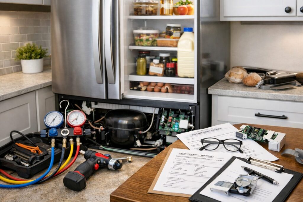 Technician inspecting refrigerator compressor in a modern kitchen during a repair service visit