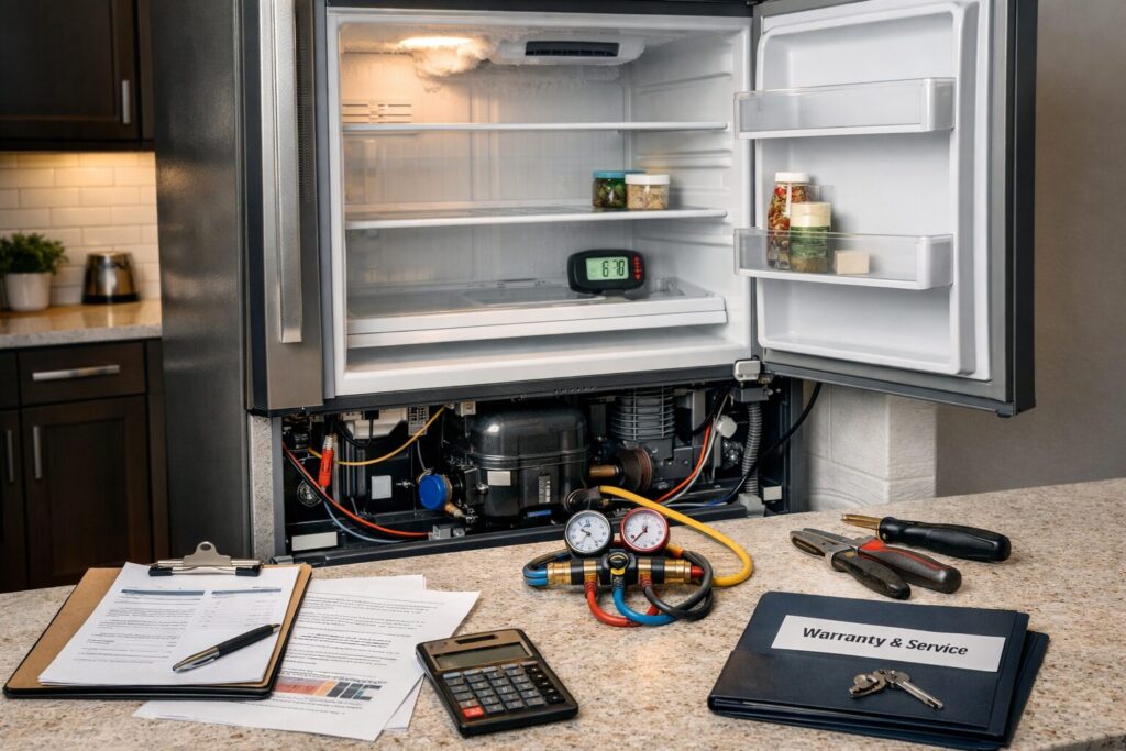 Technician inspecting a modern refrigerator compressor in a bright kitchen during a repair assessment session