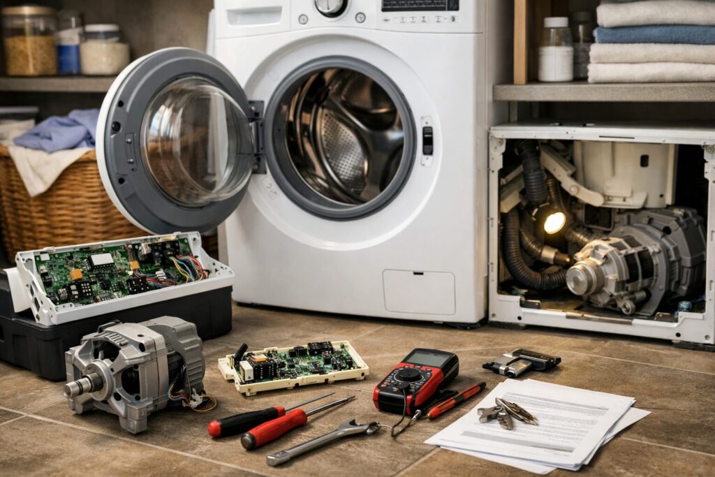 modern laundry room with washing machine undergoing repair by technician using tools on control panel