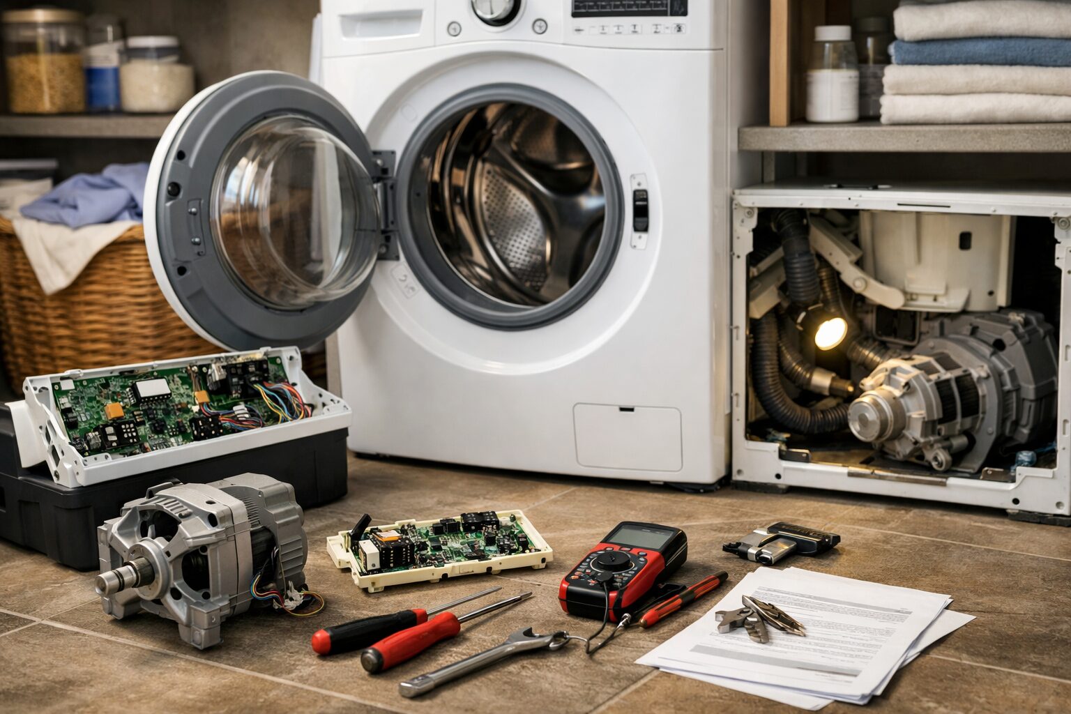 modern laundry room with washing machine undergoing repair by technician using tools on control panel