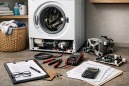 Technician repairing a washing machine motor in a modern laundry room with repair tools nearby