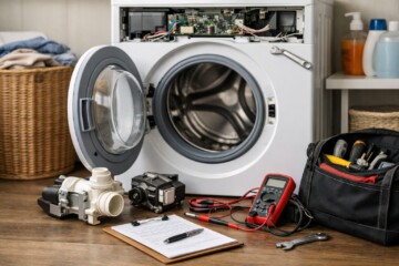Technician inspecting washing machine control panel in a modern laundry room during a repair service visit