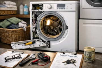 Technician inspecting washing machine in modern laundry room with repair tools and open service panel visible