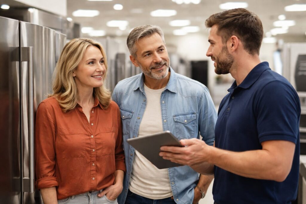 Appliance sales associate explaining extended warranty options to a middle-aged couple in a modern showroom
