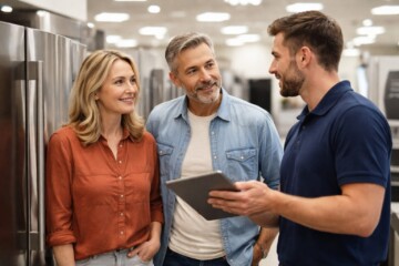 Appliance sales associate explaining extended warranty options to a middle-aged couple in a modern showroom