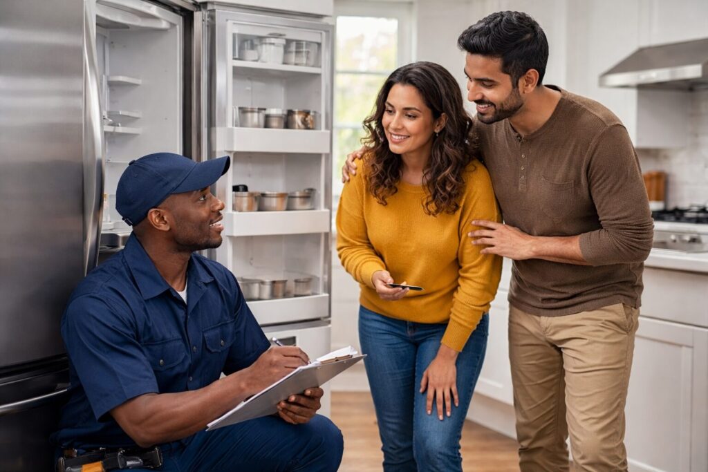 Multicultural family discussing appliance warranty with technician in modern kitchen near a new refrigerator and stove
