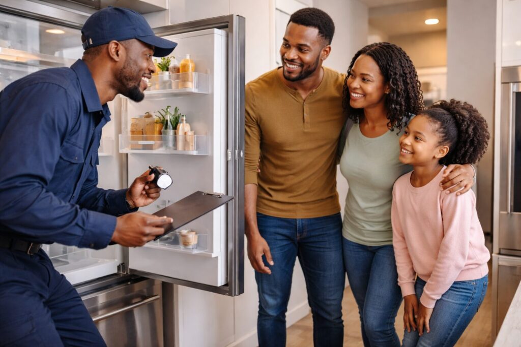 Black family examining a modern refrigerator in a bright kitchen, discussing appliance warranty options together