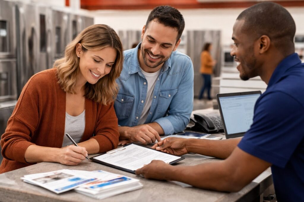 Appliance store sales associate assisting a middle-aged couple with warranty options in a modern showroom kitchen setting