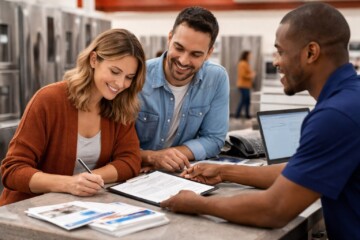 Appliance store sales associate assisting a middle-aged couple with warranty options in a modern showroom kitchen setting