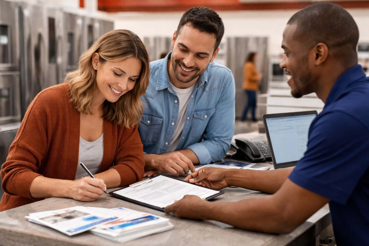 Appliance store sales associate assisting a middle-aged couple with warranty options in a modern showroom kitchen setting
