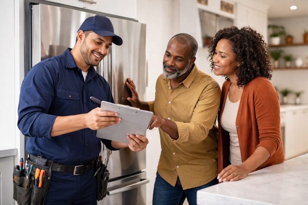 Diverse group of appliance store employees assisting customers with warranty paperwork in a modern showroom environment
