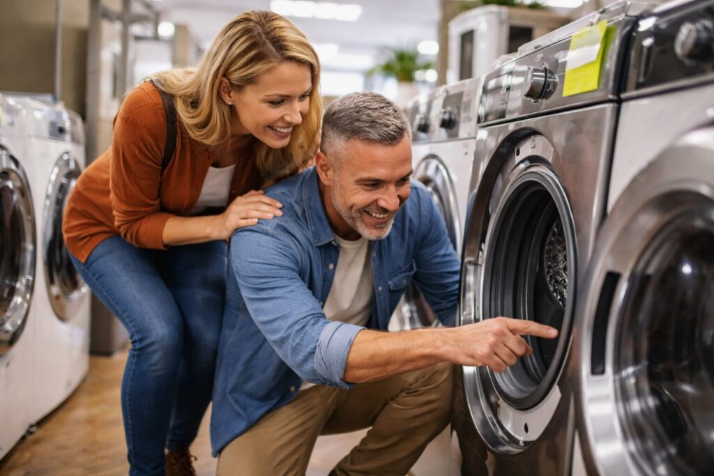 couple examining a refurbished refrigerator in a modern appliance showroom with a sales associate nearby