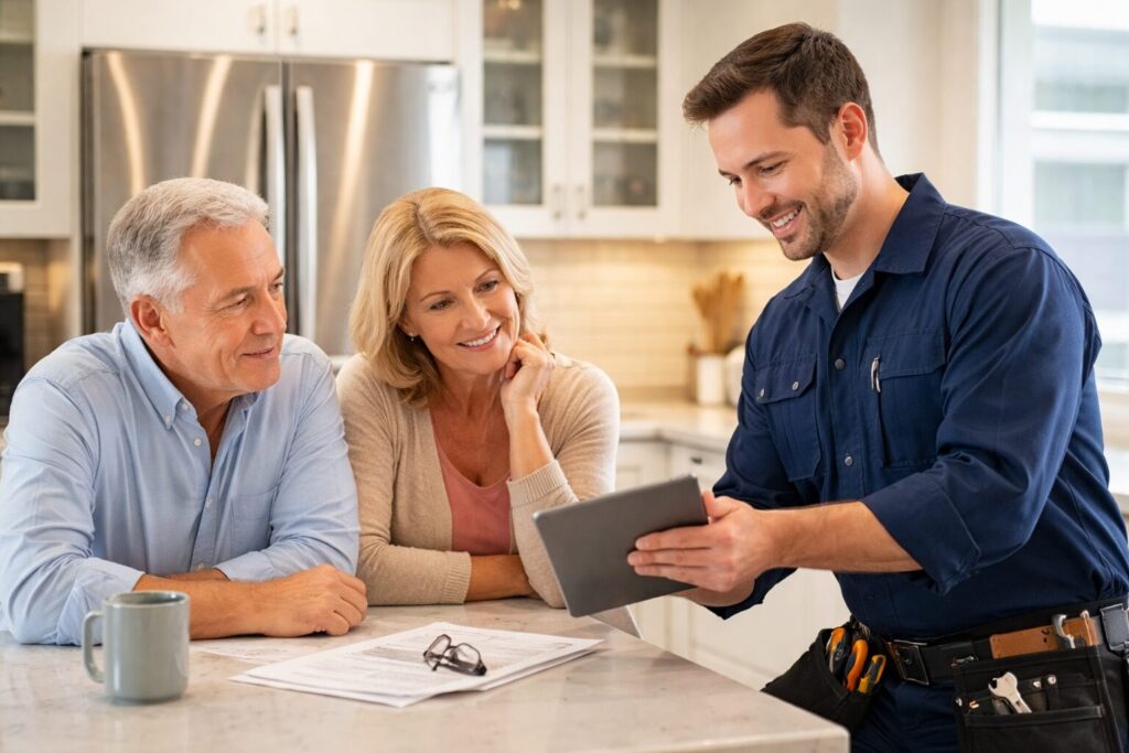 couple examining a modern refrigerator in a bright appliance showroom with a sales associate assisting them