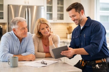 couple examining a modern refrigerator in a bright appliance showroom with a sales associate assisting them