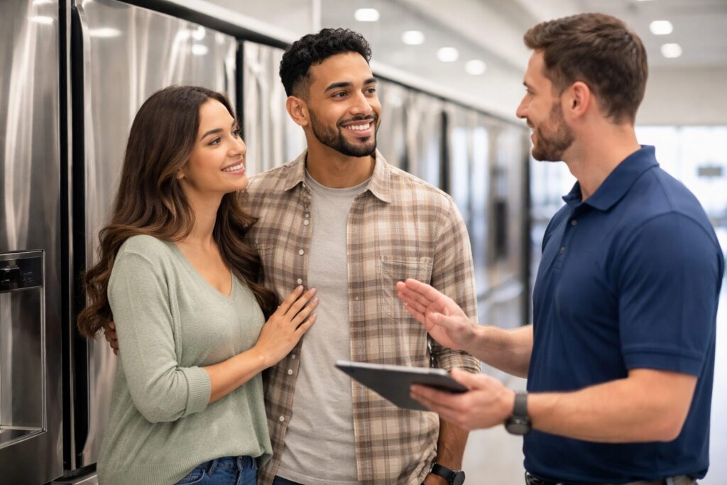 couple discussing appliance warranty options with sales associate in modern appliance showroom