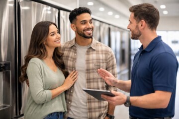 couple discussing appliance warranty options with sales associate in modern appliance showroom