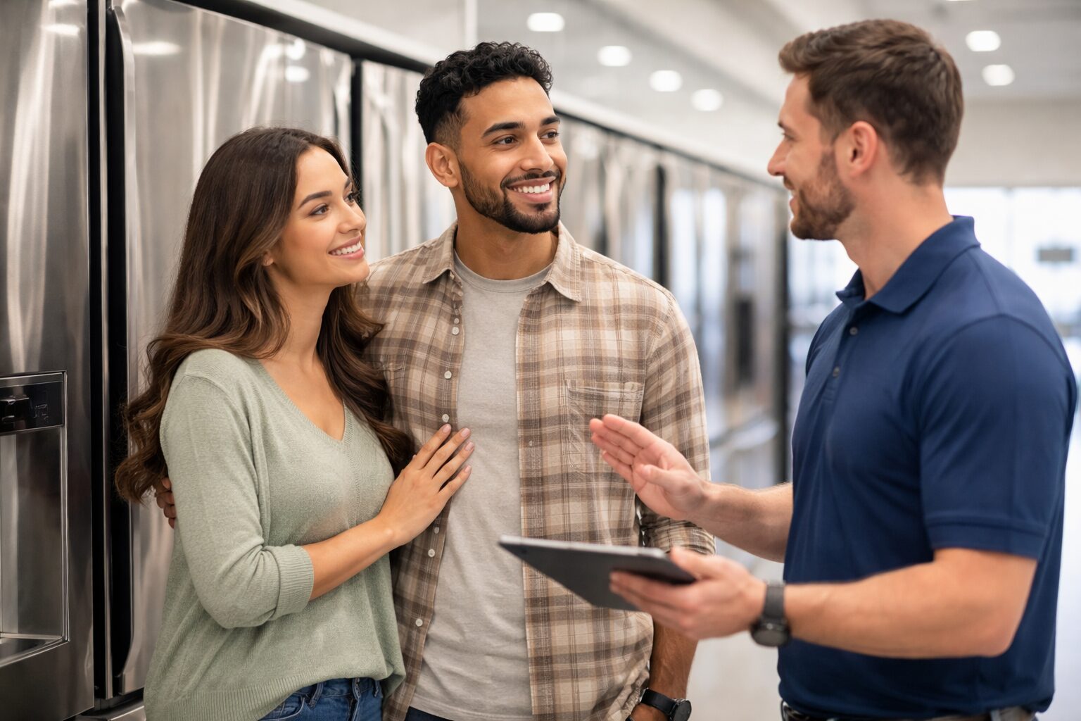 couple discussing appliance warranty options with sales associate in modern appliance showroom