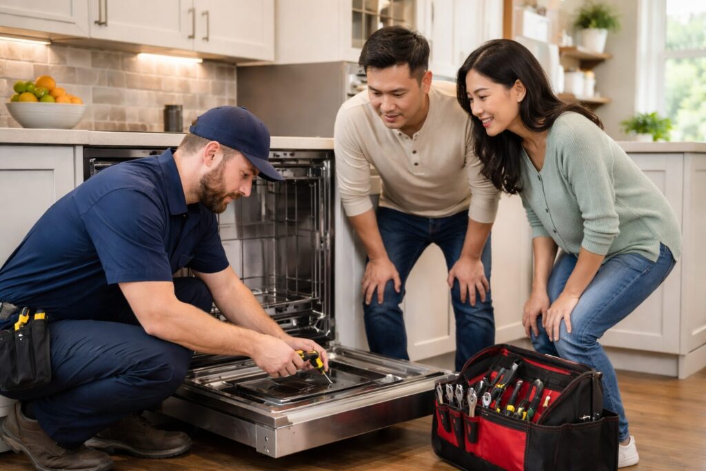 Multicultural family shopping for kitchen appliances in a bright showroom with a sales associate assisting them