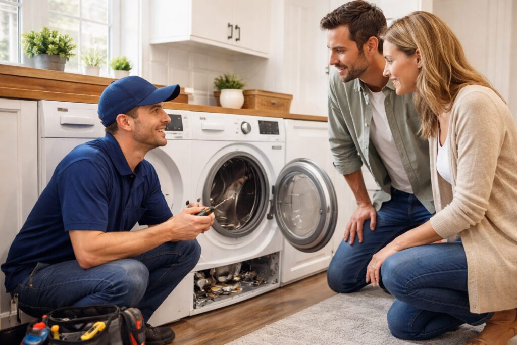 Appliance technician repairing a modern washing machine in a bright home laundry room while homeowner observes nearby