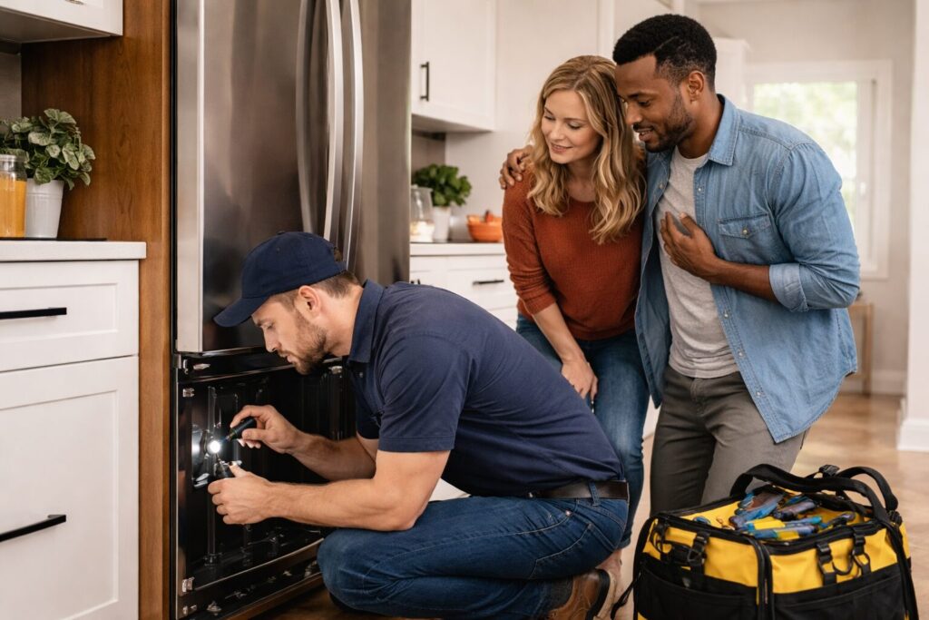 Homeowner and appliance technician inspecting a modern refrigerator in a bright kitchen during a repair visit