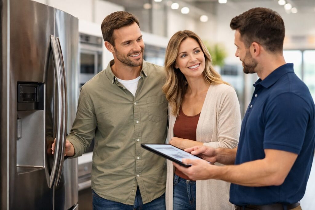 couple shopping for kitchen appliances in a modern showroom with a sales associate assisting them
