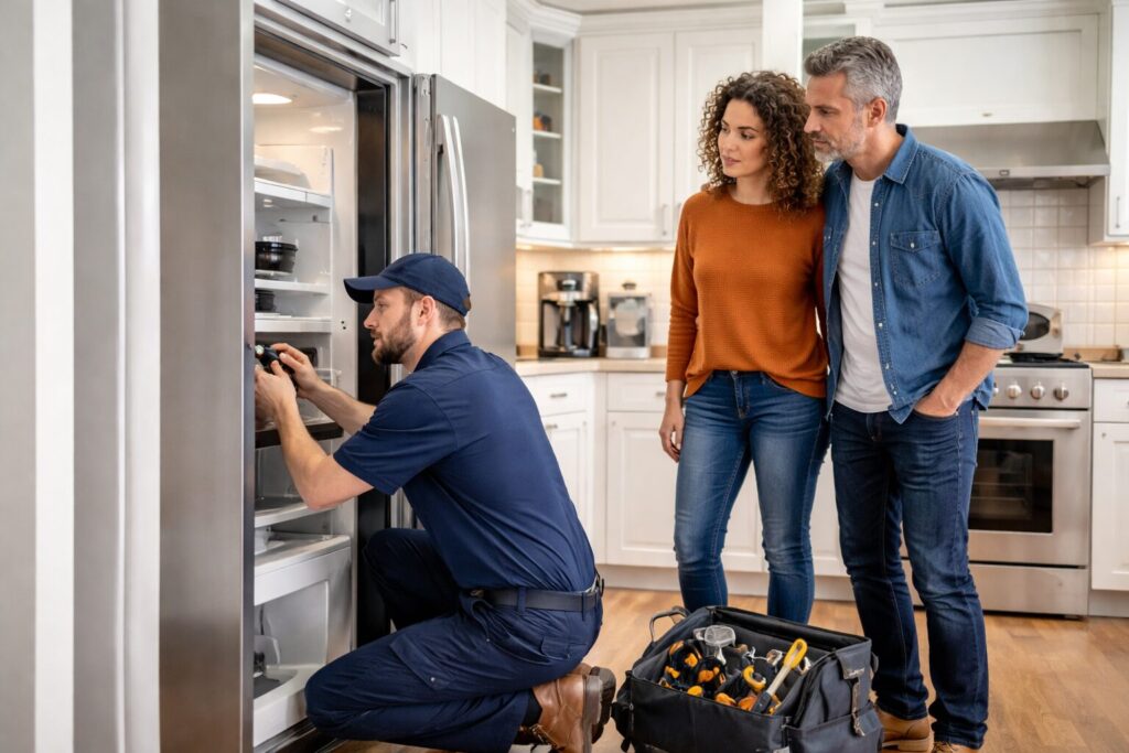 Appliance sales associate assisting a middle-aged couple choosing a refrigerator in a bright modern showroom