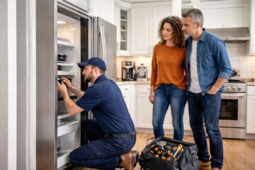Appliance sales associate assisting a middle-aged couple choosing a refrigerator in a bright modern showroom