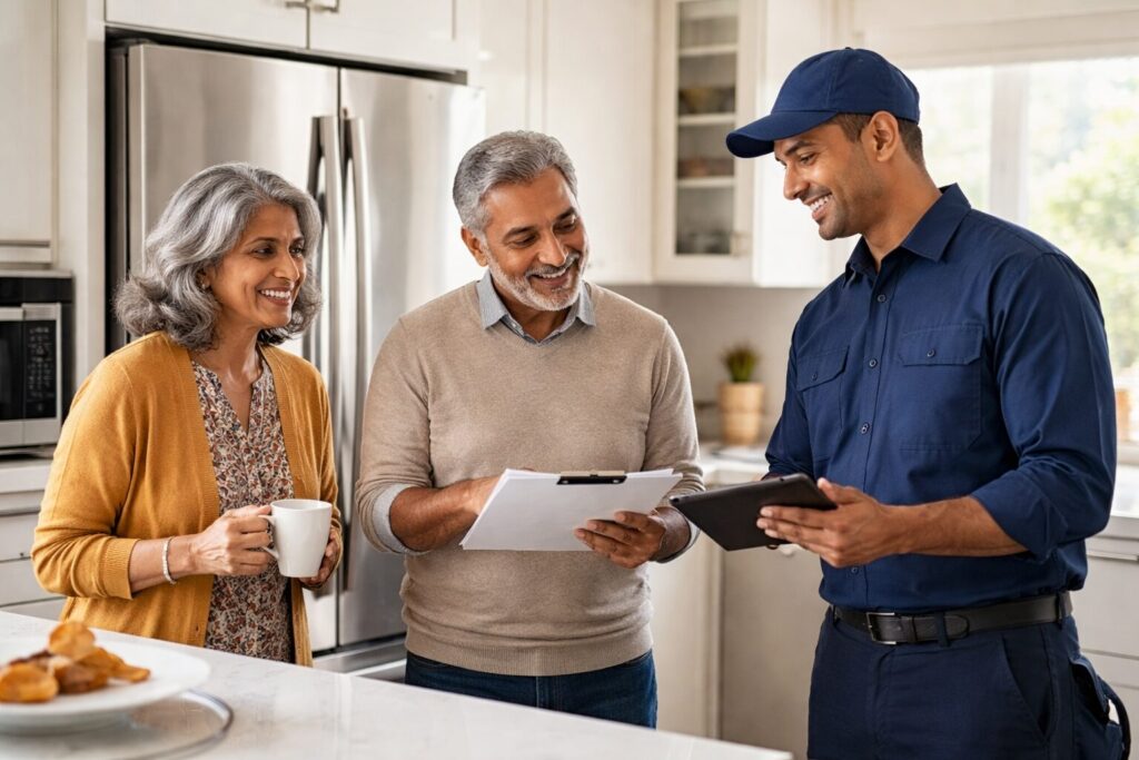 Older Brown couple examining modern kitchen appliances in a bright showroom with a sales associate nearby