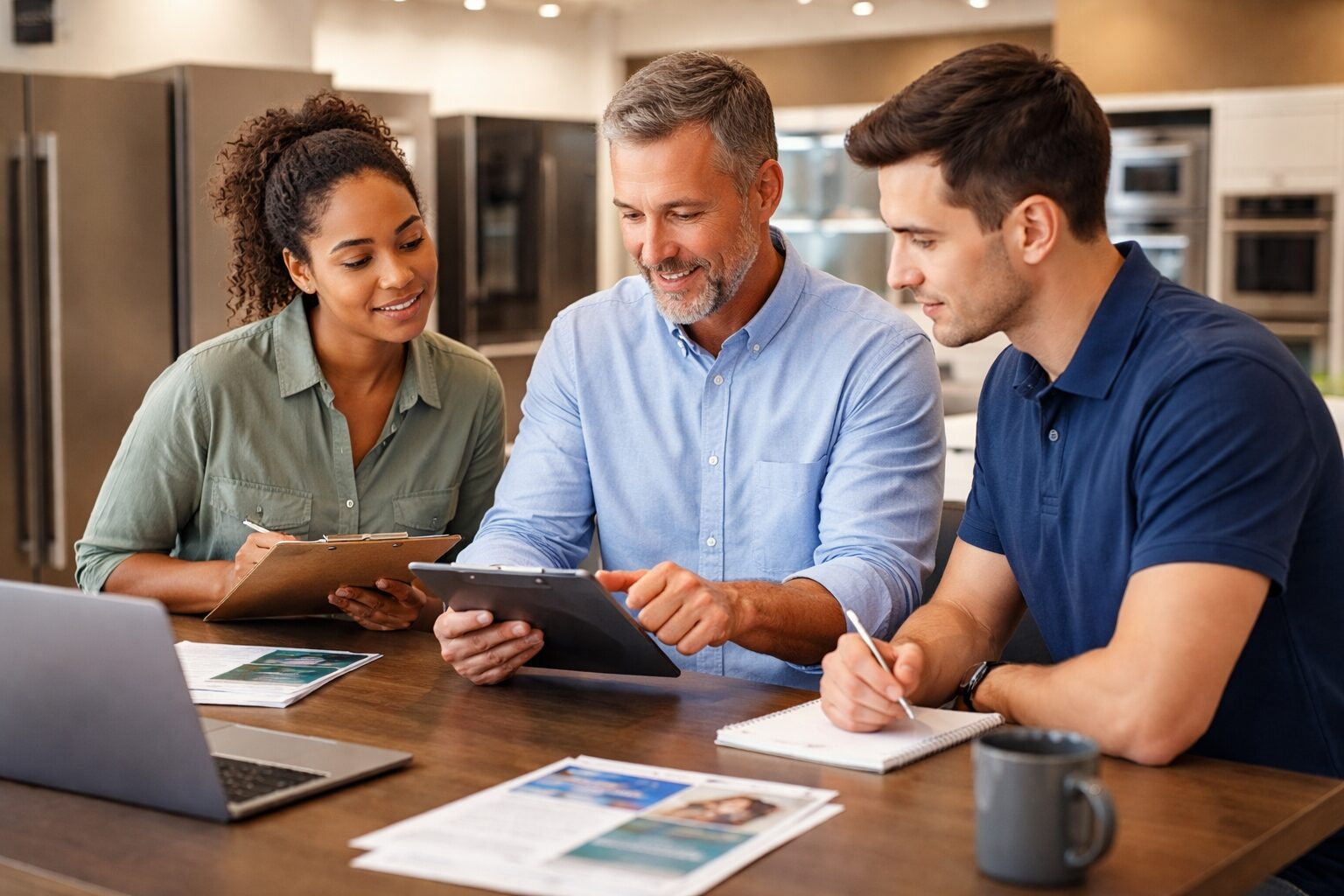 Appliance sales associate explaining warranty options to a couple shopping in a modern appliance showroom