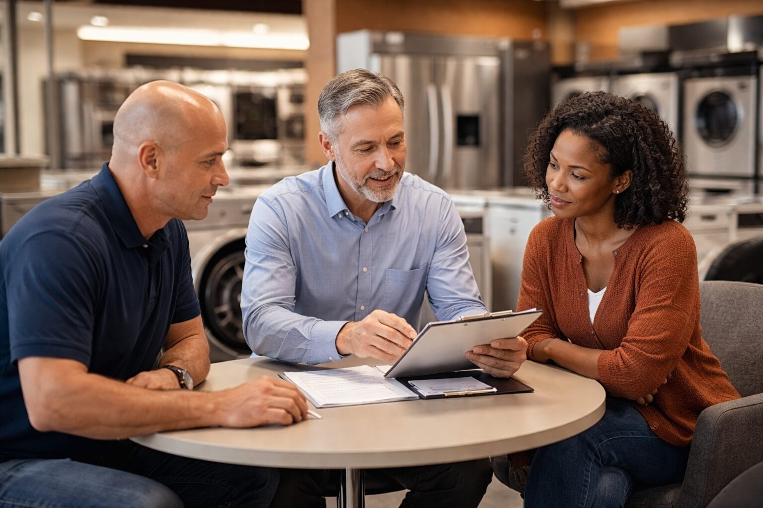 Appliance sales associate assisting a middle-aged couple in a modern showroom with refrigerators and ovens on display